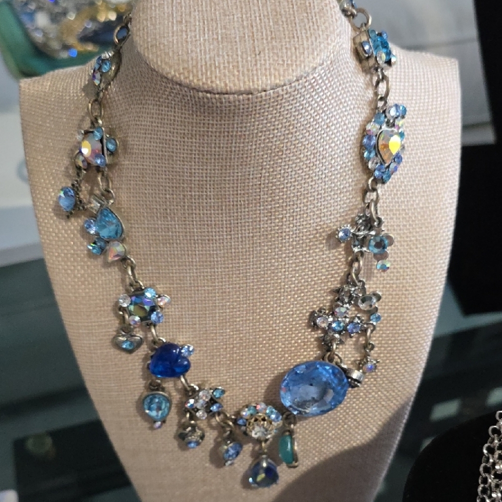 OTAZU Blue Crystal Statement Necklace - Sparkling Multi-Blue Gem Accents